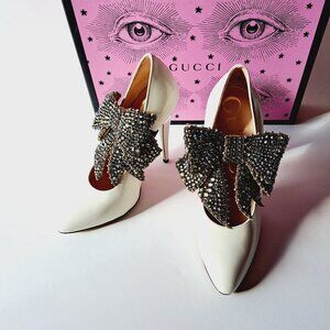 Gucci White Leather Elastic Crystal Bow Pumps Shoes Heels Size 36 / US 6